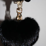 Heart Fur Pom Pom Keychain in Noir