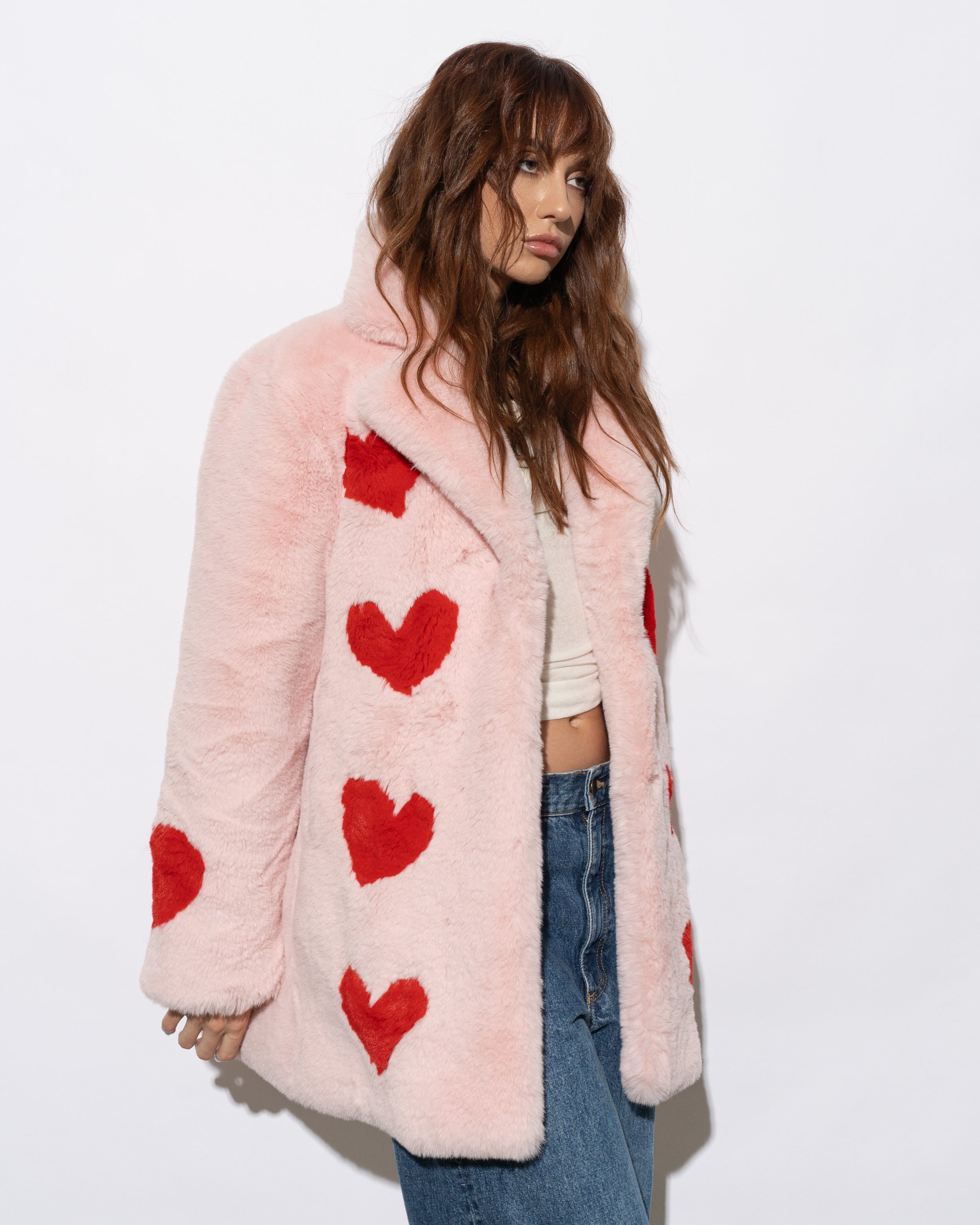 Pink Faux Fur Jacket Queen Of Hearts Mid Coat by Mode Affaire