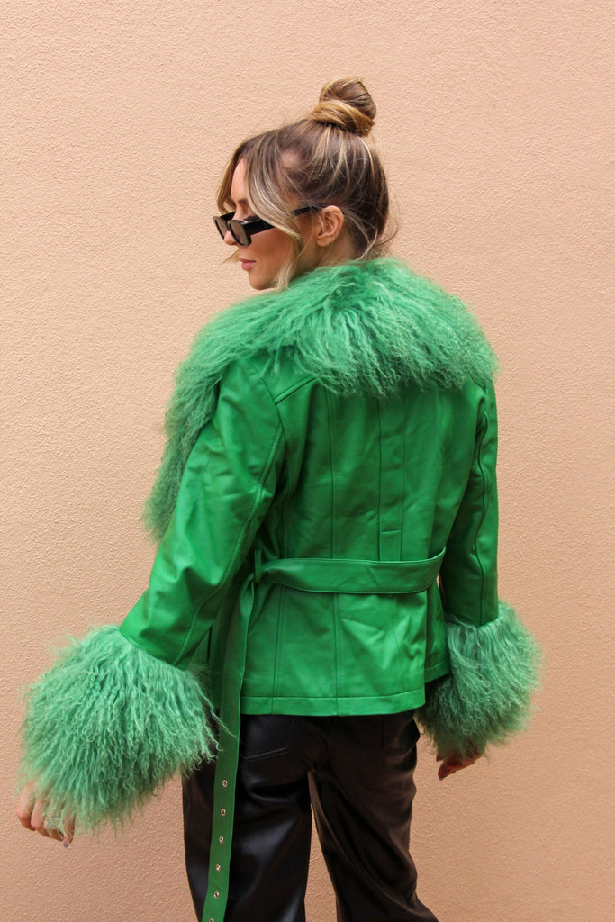 East End Leather Shearling Jacket in Jade - Mode & Affaire