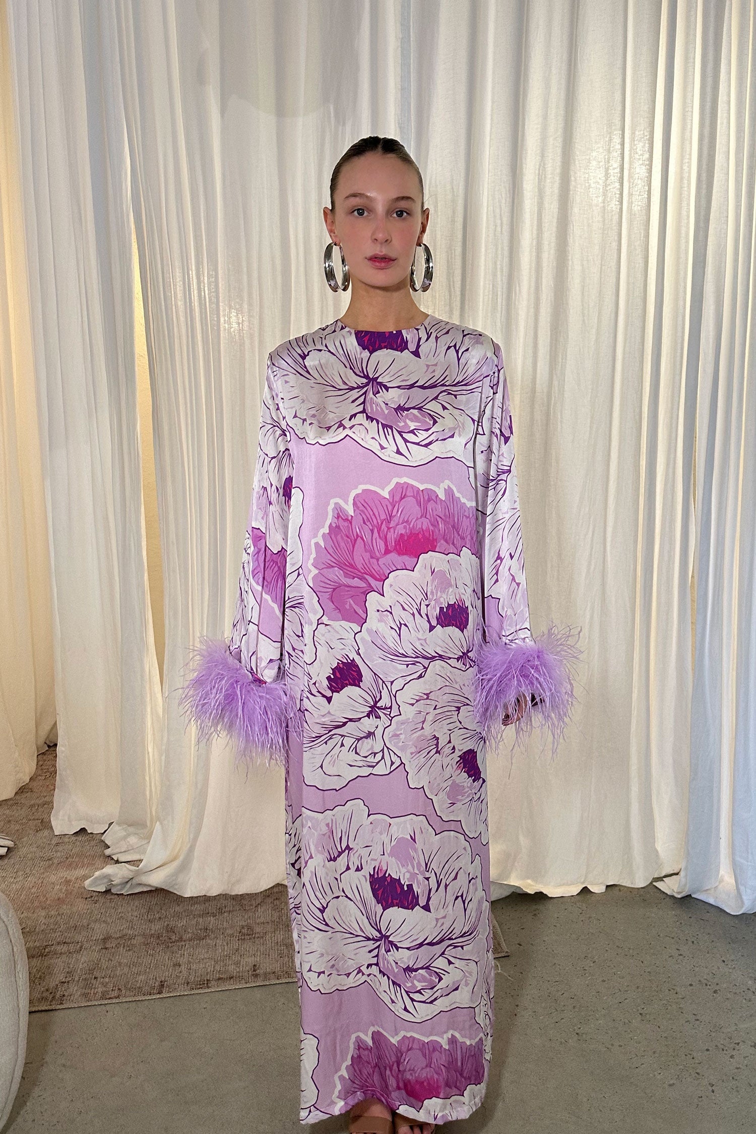 Lilac Dreams Long Sleeve Dress with Feather Cuffs - Mode & Affaire