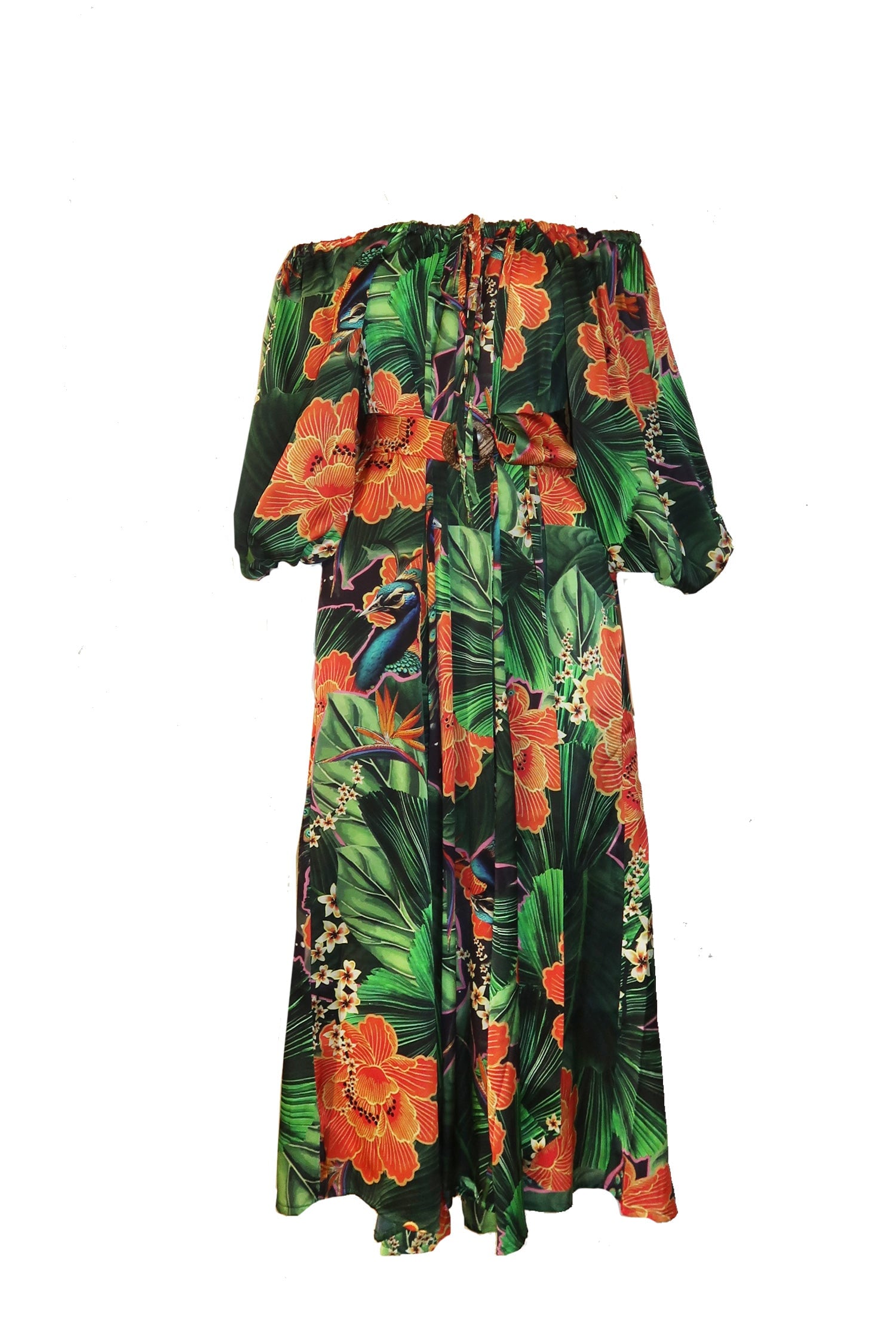 Peacock Palm Puff Sleeve Dress - Mode & Affaire