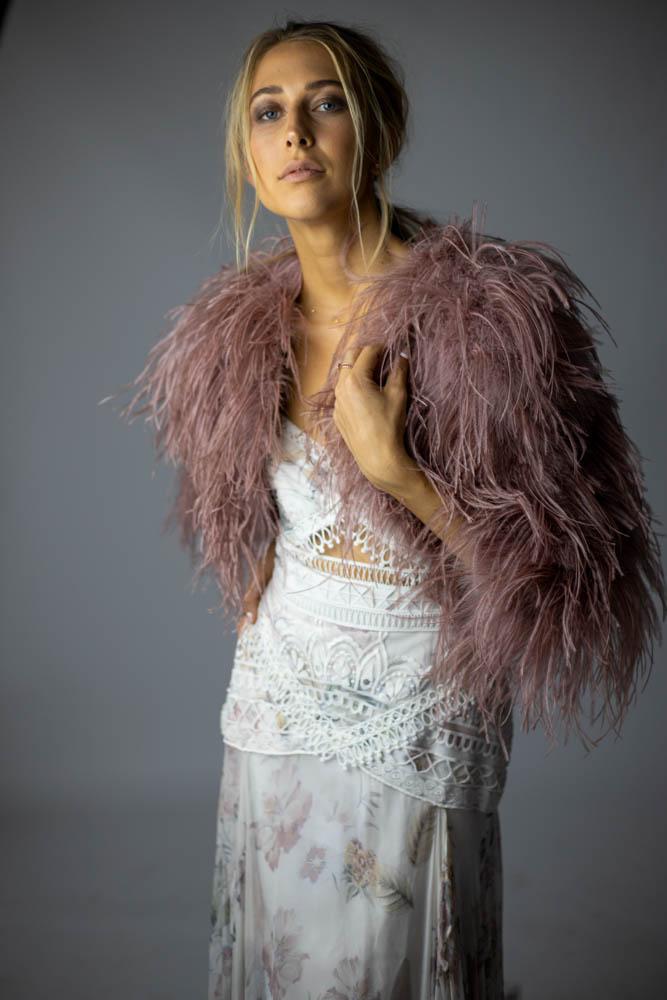Delphine Ostrich Feather Bolero Jacket in French Rose - Mode & Affaire