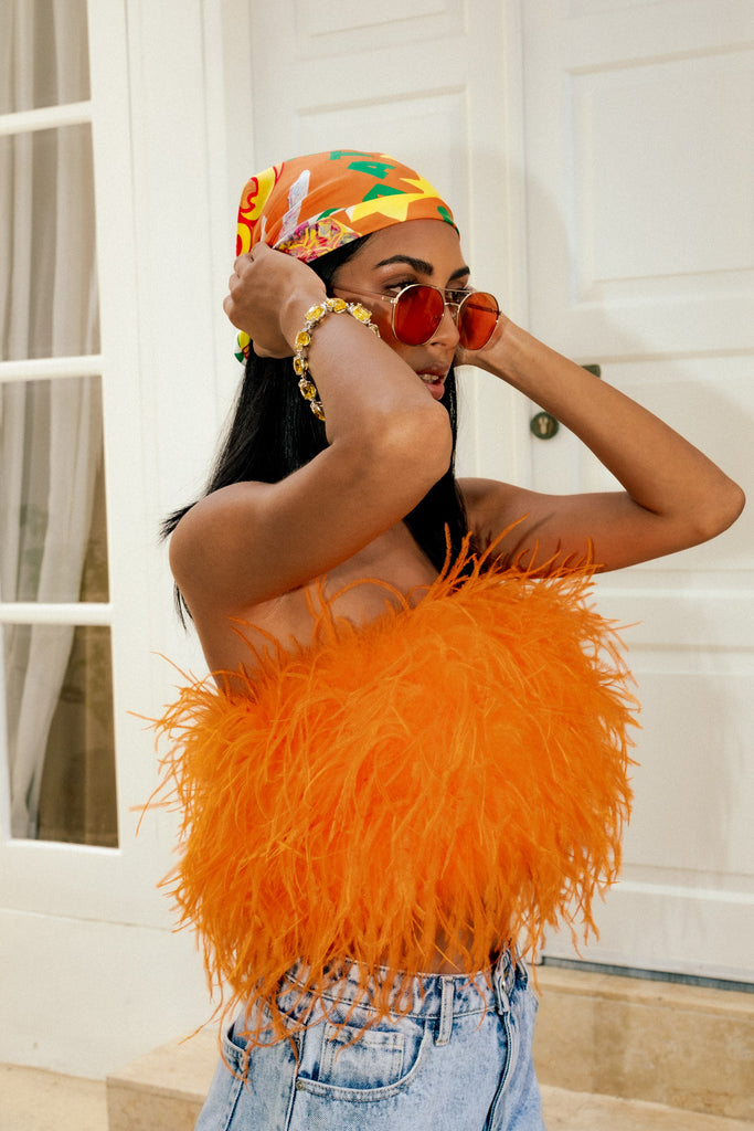 'Night Fever' Strapless Feather Top Tangerine - Mode & Affaire