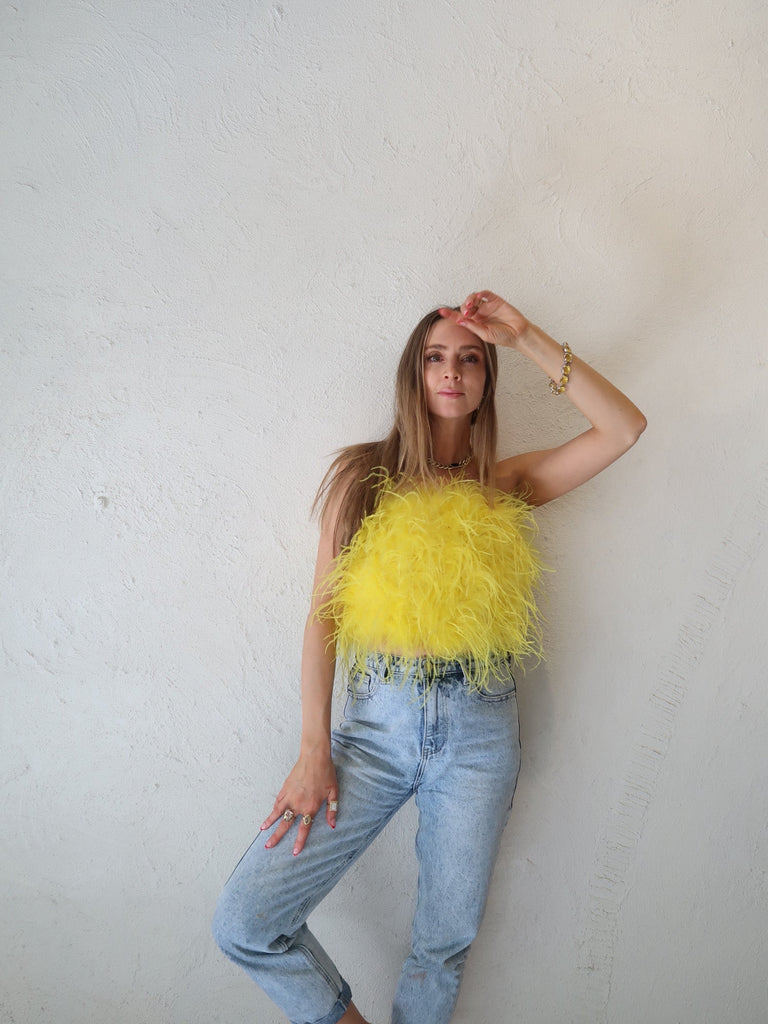 'Night Fever' Strapless Feather Top Lemon - Mode & Affaire