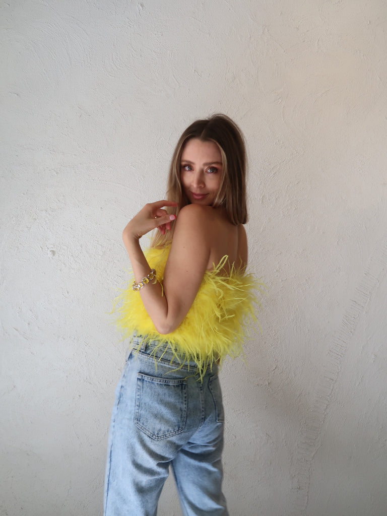 'Night Fever' Strapless Feather Top Lemon - Mode & Affaire