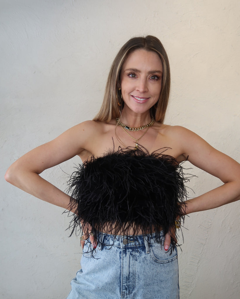 'Night Fever' Strapless Feather Top Onyx - Mode & Affaire