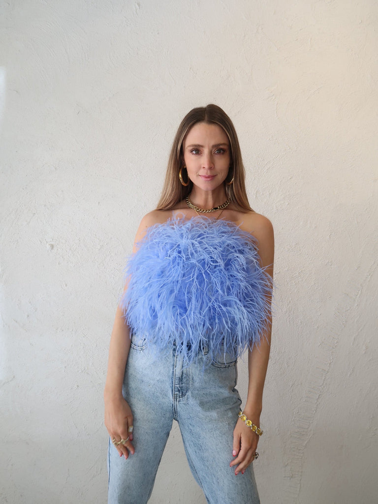 'Night Fever' Strapless Feather Top Powder Blue - Mode & Affaire